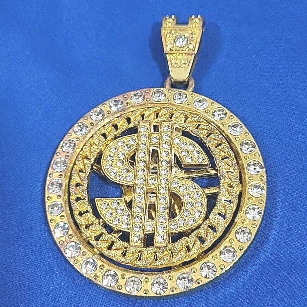 Dollar Money Sign Spinning Pendant Gold-Tone Medallion Bling Rapper Novelty